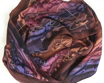 Slightly Flawed Silk Scarf Hand Painted in Brown, Plum and Burgundy with Gold Accent