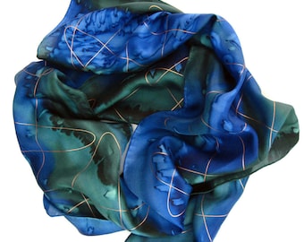 Slightly Flawed Silk Scarf Hand Dyed in Forest Green and Midnight Blue with Gold Accent