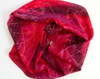 Slightly Flawed Silk Scarf Hand Painted in Red and Burgundy with Gold Accent