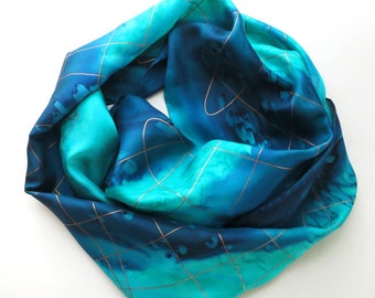 Slightly Flawed Silk Scarf Hand Painted in Ocean Blues with Gold Accent