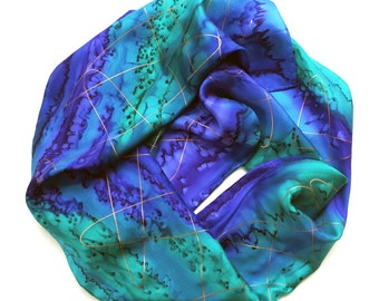 Slightly Flawed Silk Scarf Hand-Painted in Amethyst and Emerald with Gold Accent