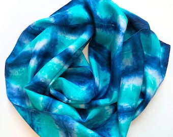 Slightly Flawed Silk Scarf Tie-Dyed in Ocean Blues