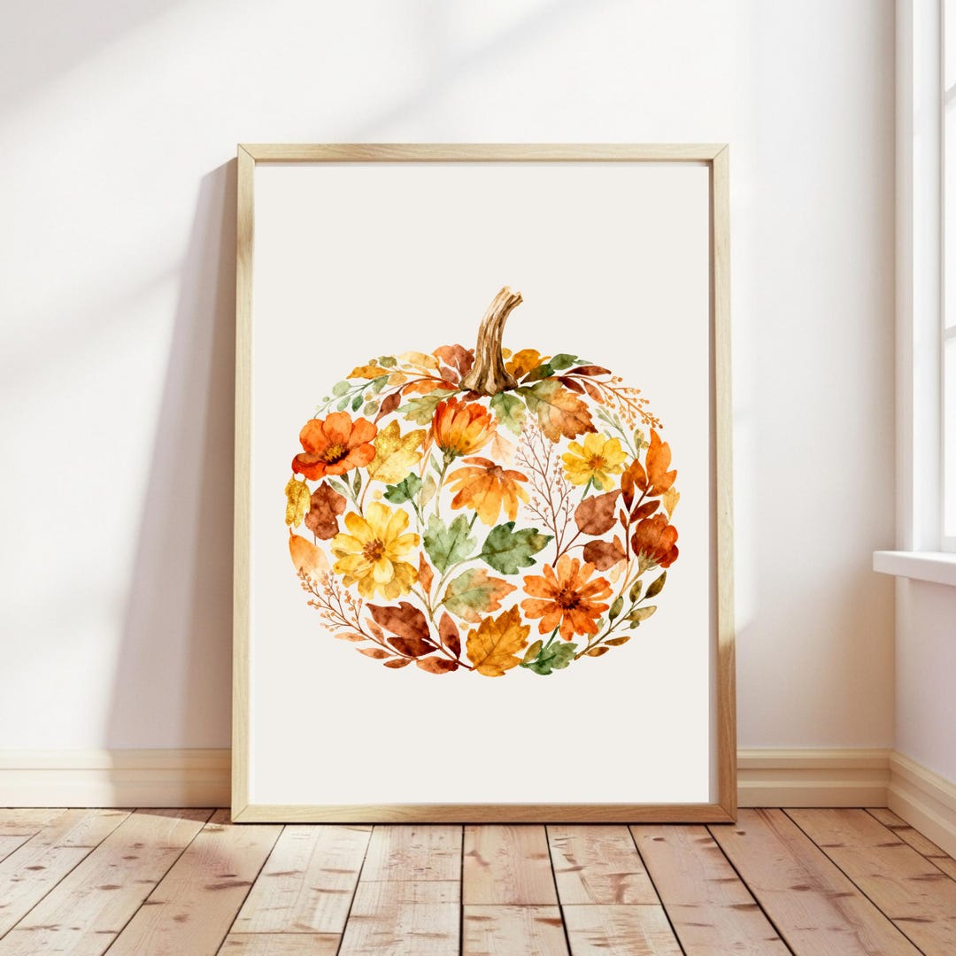 Watercolor Pumpkin Wall Art Print Fall Floral Poster Autumn Harvest ...