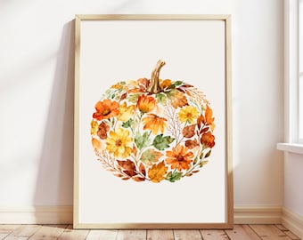 Watercolor Pumpkin Wall Art Print Fall Floral Poster Autumn Harvest Botanical Rustic Farmhouse Halloween Thanksgiving Decor