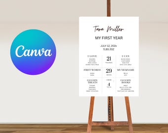 May include: A white sign on a wooden easel with the text "Tara Miller MY FIRST YEAR." The sign includes details about the child's first year, such as weight, height, and favorite things. The Canva logo is visible.