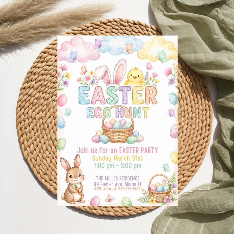 May include: An Easter-themed invitation with pastel colors. The design includes the text "EASTER EGG HUNT", a bunny, a chick, eggs, and baskets. The invitation also includes the date, time, and location of the Easter party.