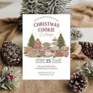 May include: A Christmas Cookie Exchange invitation with a festive design. The invitation features illustrations of various cookies on tiered platters and plates, with Christmas trees on either side. The text reads "Christmas Cookie Exchange" and includes the date, time, and location.