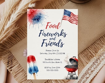 4th of July BBQ Party Invitation Template, Fourth of July Barbeque Invite, Red White Blue Independence Day Fireworks Invite