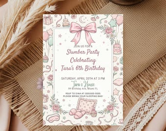 Slumber Party Invitation Template, Editable Sleepover Birthday Invite, Digital Download