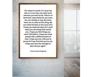 For what it's worth print, F. Scott Fitzgerald quote print, Vintage literary art. Printable