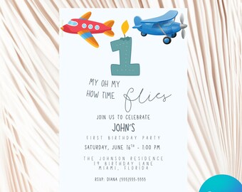 Invitación de cumpleaños de avión, Invitación "El tiempo vuela", Invitación de primer cumpleaños para niño, Invitación de cumpleaños de avión editable, Canva