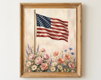 Vintage American Flag Wall Art Print, USA Flag Painting, Fourth of July Farmhouse Wall Decor, Red White Blue Cottagecore Artwork