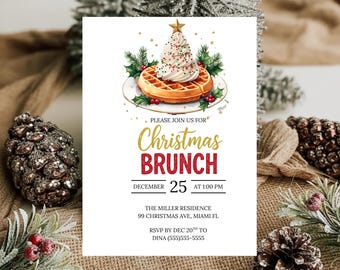 May include: A Christmas Brunch invitation featuring a waffle topped with whipped cream and a star, designed to look like a Christmas tree. The invitation includes the text "Christmas Brunch" and event details. The background includes pine cones and greenery.
