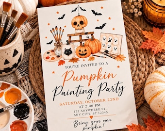 May include: A rectangular invitation card for a Pumpkin Painting Party featuring watercolor illustrations of a skull-topped pumpkin, a black cat mug, paintbrushes, and ghosts. The text includes the date, time, and location details.