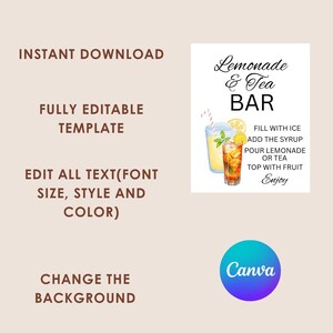 May include: A digital template for a Lemonade & Tea Bar sign featuring illustrations of two glasses of iced drinks with lemon slices and a straw. The text reads: Lemonade & Tea BAR, FILL WITH ICE, ADD THE SYRUP, POUR LEMONADE OR TEA, TOP WITH FRUIT, Enjoy.