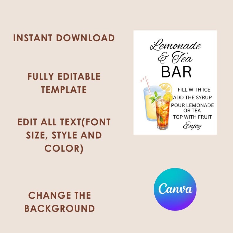 May include: A digital template for a Lemonade & Tea Bar sign featuring illustrations of two glasses of iced drinks with lemon slices and a straw. The text reads: Lemonade & Tea BAR, FILL WITH ICE, ADD THE SYRUP, POUR LEMONADE OR TEA, TOP WITH FRUIT, Enjoy.