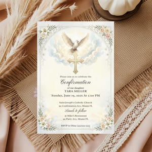 May include: Confirmation invitation featuring a dove, cross, and floral accents. The invitation includes the text "Confirmation of our daughter TARA MILLER" and event details. The design is framed with delicate floral and leaf elements.