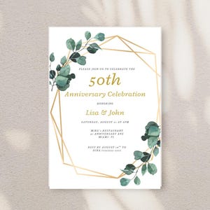 50th Anniversary Invitation, Greenery Wedding Anniversary Invite, Wedding Anniversary Invitation Printable, Editable Template