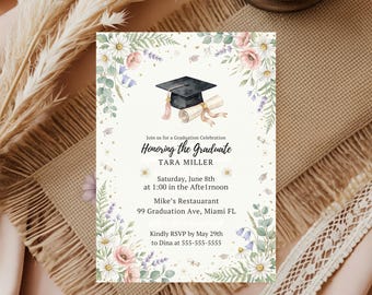 Graduation Celebration Invitation, Floral Graduate Announcement, Canva Template (Digital Download)