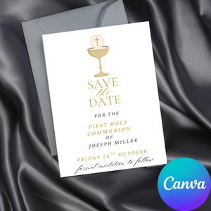 Reserve a data para a Primeira Comunhão, Convite para a Primeira Comunhão com Cálice Católico, Convite Digital para E-mail e SMS, Para Imprimir, Modelo Canva