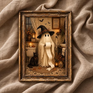 May include: A framed wall art print depicting a ghost wearing a black witch hat and holding a roll of toilet paper in a bathroom. A black cat sits on the floor nearby. The scene includes candles, a small pumpkin, and a sign reading PLEASE REMAIN SEATED.