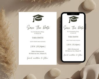 Graduation Save The Date Invitation. Digital College or High School Grad Party or Ceremony Invite, Canva Editable Template