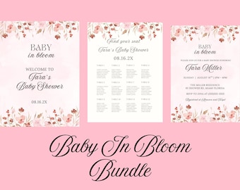Pacchetto di inviti per baby shower "Baby in Bloom" stampabili, inviti per baby shower con fiori di campo e giochi modificabili, decorazioni floreali per baby shower
