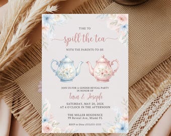 Spill the Tea Gender Reveal Invitation for Phone, Digital High Tea Party Gender Reveal Invite, Blue Toile Chinoiserie He or She Invite,