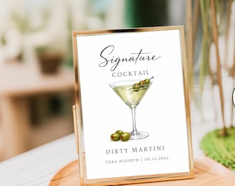 Znak na drinka Martini Signature, edytowalny znak na Martini, drukowany wystrój na imprezę Dirty Martini, znak na koktajl Signature