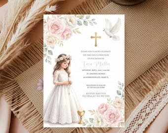 EDITABLE Girl Boho Pink Floral 1st Holy Communion Invitation, Primera Comunion Little Girl Praying First Holy Communion