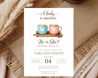 May include: A baby shower invitation with the text "A baby is brewing." The invitation features two coffee mugs, one blue and one pink, with heart details. The invitation is for a gender reveal honoring Tara and Joseph.