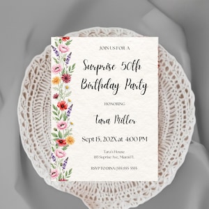 Wildflower Surprise Birthday Invitation Editable 30th 40th 50th 60th Floral Garden Party Invite Printable Template Digital Download