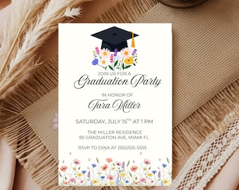 Graduation Party Invitation Template Editable, Wildflower Graduation Announcement Invite, Pink Floral Graduation Party Invite Download