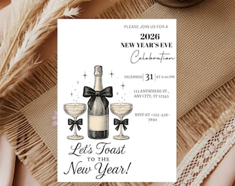 New Year's Eve Party Invitation, Editable Hand Drawn Toast to the New Year Invite Template