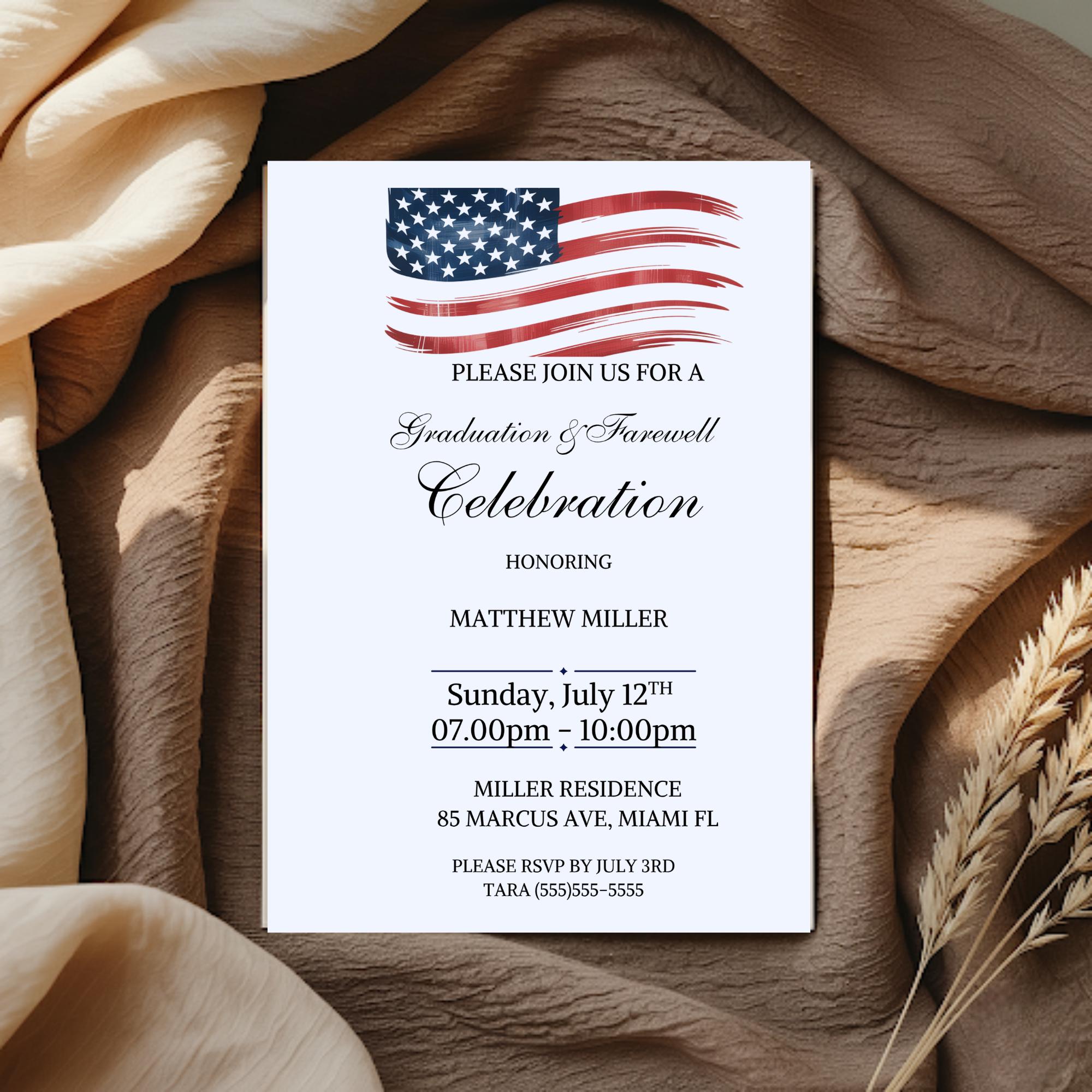 American Flag Graduation Farewell Party Invitation Template, Military ...