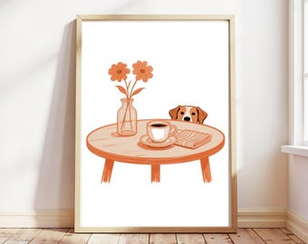 Sneaky Dog Kitchen Print, Abstract Coffee Wall Art, Funny Diner Decor, Animal Sketch, Breakfast Poster