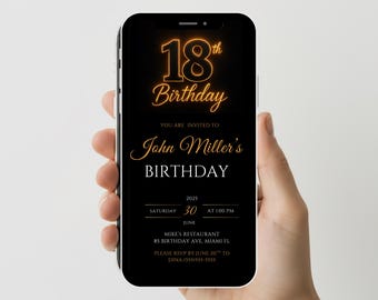 18th Birthday Party Invitation, Digital Black Gold Dinner Invite For Men, Eighteenth Video Evite For Him, Self Editable DIY Template eCard