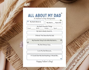 All About My Dad Printable Questionnaire, Father's Day Page for Kids, Dad Interview Worksheet,