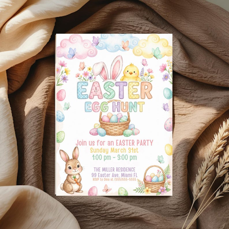 May include: An Easter Egg Hunt invitation with pastel colors. The design features a bunny, chick, eggs, and a basket. The text reads "Easter Egg Hunt" and includes party details: date, time, and location.