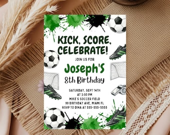 Sjabloon bewerkbare voetbal verjaardagsuitnodiging, afdrukbare verjaardagsuitnodigingen, digitale kinderfeestje, verjaardag jongen direct downloaden