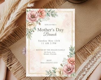 Mother's Day Brunch Invitation Template, Mothers Day Party Invite, Mother's Day Lunch Invite, Floral Mother's Day Breakfast Invite Editable