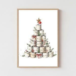 May include: A framed watercolour print depicting a Christmas tree constructed from toilet roll. The tree is adorned with candy canes, bows, fairy lights, and a star with a Santa hat. Greenery and red berries add festive detail.