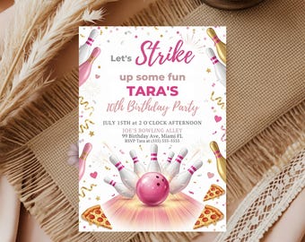 Bewerkbare bowlingverjaardagsuitnodiging, laten we een paar leuke meiden uitdagen, afdrukbare roze bowlinguitnodiging, canva-sjabloon