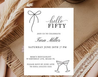 Hello Fifty Birthday Invitation Template, Editable Hello Fifty Invite, Minimalist 50th Invite, 50th Bow Invite, Elegant Invite, Any Age