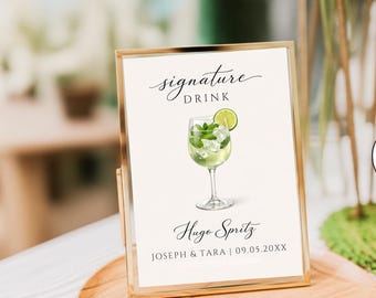 Hugo Spritz Signature Cocktail Drink Bar Sign, Editable Template, Instant Download Printable, Prosecco, Wedding Bridal Event Party Decor