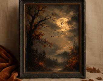 May include: A framed wall art print depicting a dark, autumnal forest scene at night under a large, glowing full moon. Silhouettes of bats fly across the cloudy sky above dense, dark trees with orange and brown foliage in a vintage-style frame.