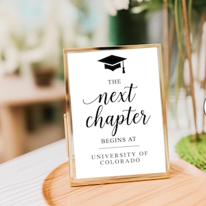 May include: A vertical rectangular sign in a thin gold metal frame featuring a black graduation cap icon and the text THE next chapter BEGINS AT UNIVERSITY OF COLORADO printed in black ink on a white background, displayed on a wooden surface.