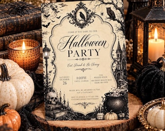 May include: A rectangular Halloween party invitation card with a vintage cream background and black ink illustrations of a raven, a haunted castle, a skull, and a cauldron. The text reads: Come if you dare to our Halloween Party, Eat, Drink & Be Scary.