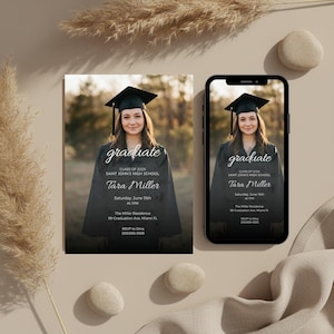 May include: A graduation announcement and a smartphone displaying the same design. The announcement features a photo of a graduate in a cap and gown, with event details in white text on a dark background.