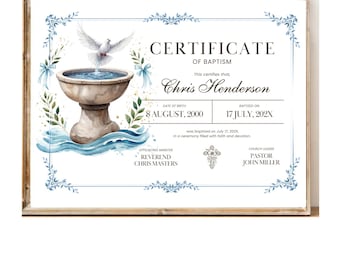 Bewerkbare doopcertificaatsjabloon, afdrukbaar doopcertificaat, aangepaste doopcertificaten voor baby's